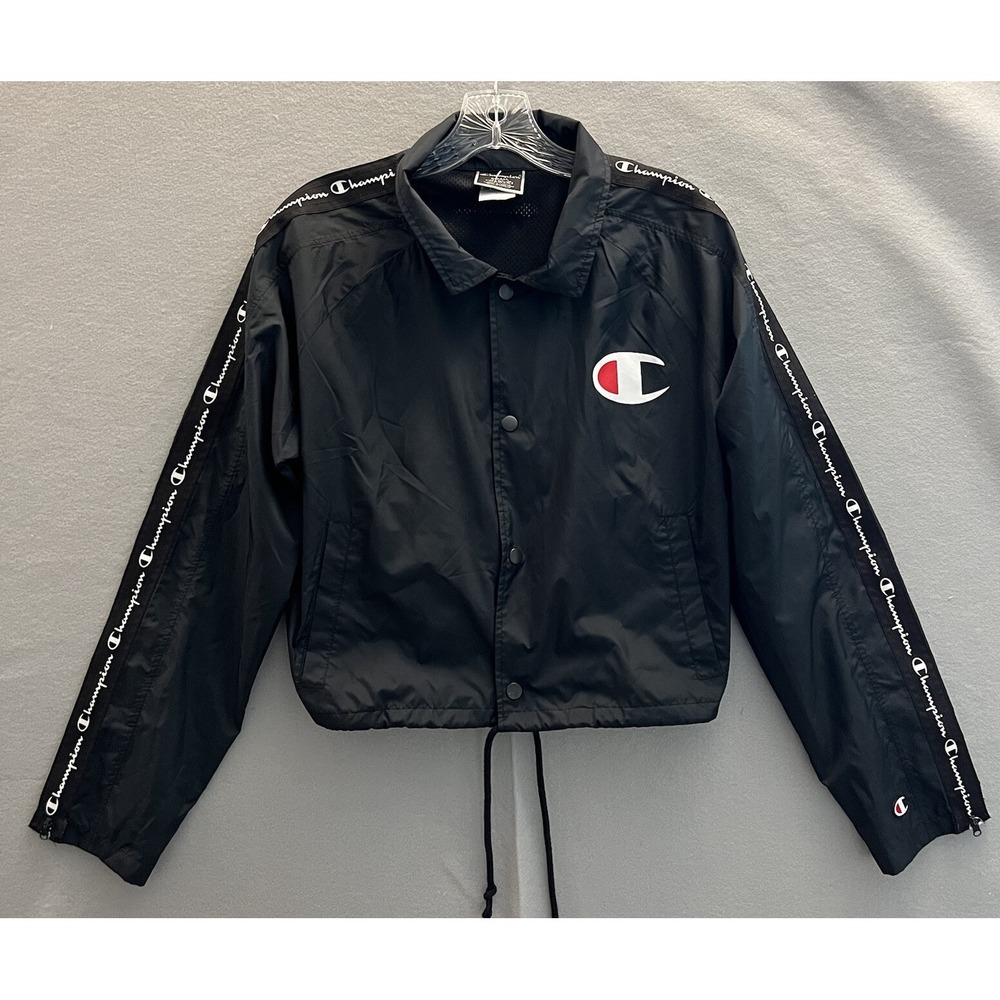 Champion Womens Cropped Coaches Jacket Size Small Navy Blue Logo Striped Sleeve